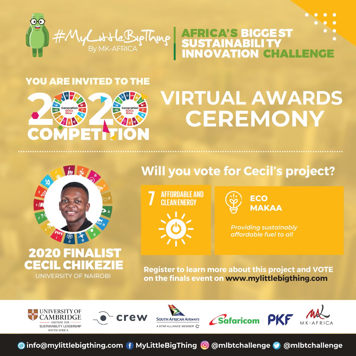 Finalist Profile: Eco Makaa is a project under #SDG7 that seeks to promote clean and affordable energy to all. Join our finals event TODAY from 9 AM EAT to learn more: bit.ly/35SY3z2

#MyLittleBigThing  <a href="/SafaricomPLC/">Safaricom PLC</a>  <a href="/SDGsKenyaForum/">Coalition for Sustainable Development</a> <a href="/PKFEA/">PKF in Eastern Africa</a> <a href="/SDGoals/">SDGoals</a>