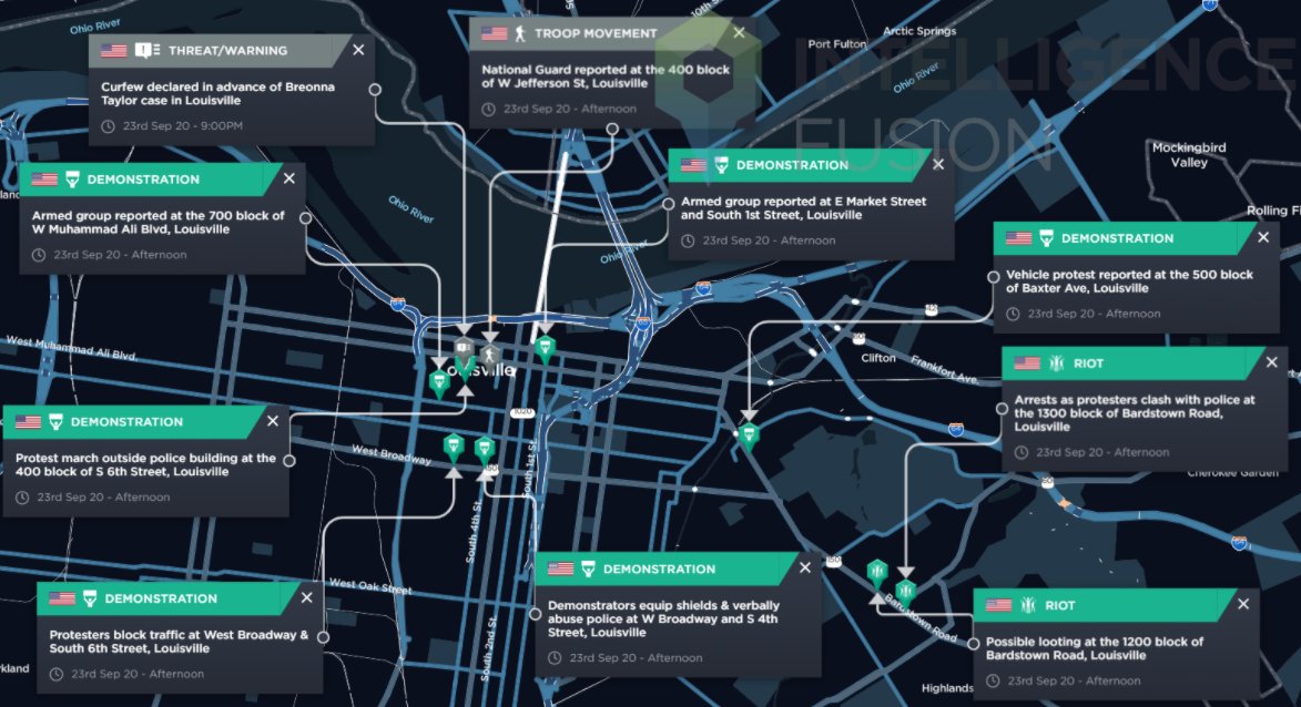 Intelligence Fusion - North America (@ifnorthamerica) on Twitter photo 🇺🇸: Protests reported across #Louisville
- Arrests as protesters clash with officers from #LMPD
- Armed groups observed across the city
- National Guard units reported
- Follows charges in the death of #BreonnaTaylor
<a href="/IntellFusion/">Intelligence Fusion</a>
landing.intelligencefusion.co.uk/threat-intelli…
#LouisvilleProtests 🇺🇸: Protests reported across #Louisville
- Arrests as protesters clash with officers from #LMPD
- Armed groups observed across the city
- National Guard units reported
- Follows charges in the death of #BreonnaTaylor
<a href="/IntellFusion/">Intelligence Fusion</a>
landing.intelligencefusion.co.uk/threat-intelli…
#LouisvilleProtests