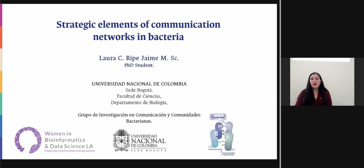 WBDSLA's tweet photo. 📣Third day of the #1WBDS_LA
🎙️Now we are listening to #Laura_Ripe in her talk about Quorum Sensing
👉 Don’t miss it! Join us on: https://t.co/MyDy95yojJ
#GenomicsAndEvolution https://t.co/FzrPpYsQyP