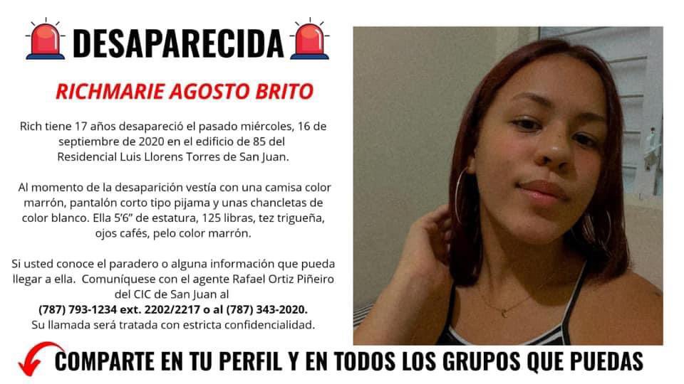 FeminicidioPR's tweet photo. La desaparición de Rosimar acaparó los medios, la de  Richmarie Agosto Brito, joven de 17 años, quien desapareció el 16 de septiembre del edificio de 85 del residencial Luis Llorens Torres, en San Juan, no mucho. 

Ambas están desaparecidas. 

Aquí la información de Richmarie, https://t.co/vISYW7fR60