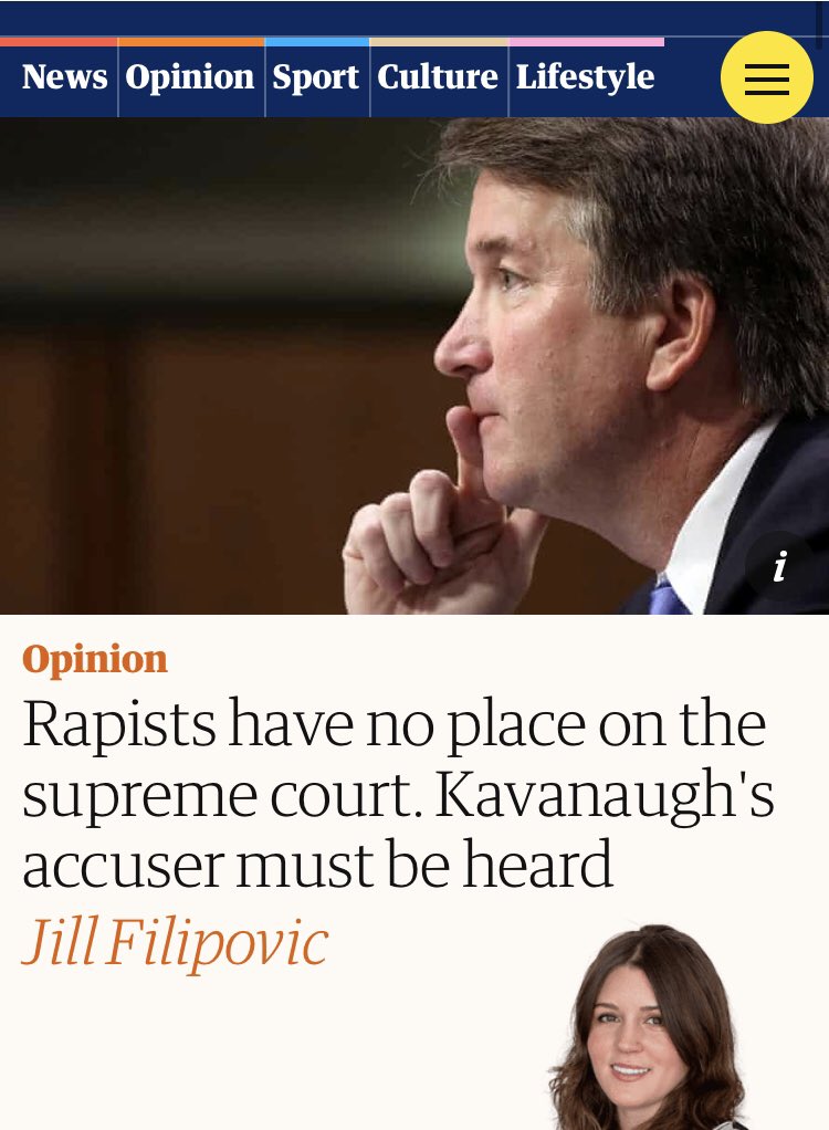You’ll see countless editorials, op-eds, thinkpieces and more where complete strangers assail your character in the strongest possible terms. Here we’ve got  @JillFilipovic,  @JohnBrennan,  @tedlieu and  @CharlesMBlow, who called Kavanaugh a “lascivious predator”