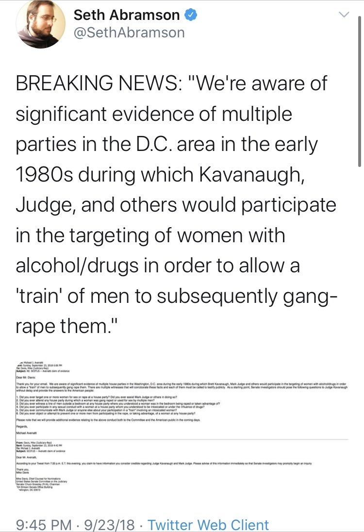 I needed an entire tweet to highlight  @SethAbramson, who said of  @MichaelAvenatti and his invented claims “the man plans to run for president; my gut tells me he doesn’t go public with these allegations unless he’s got some pretty compelling witnesses and evidence”