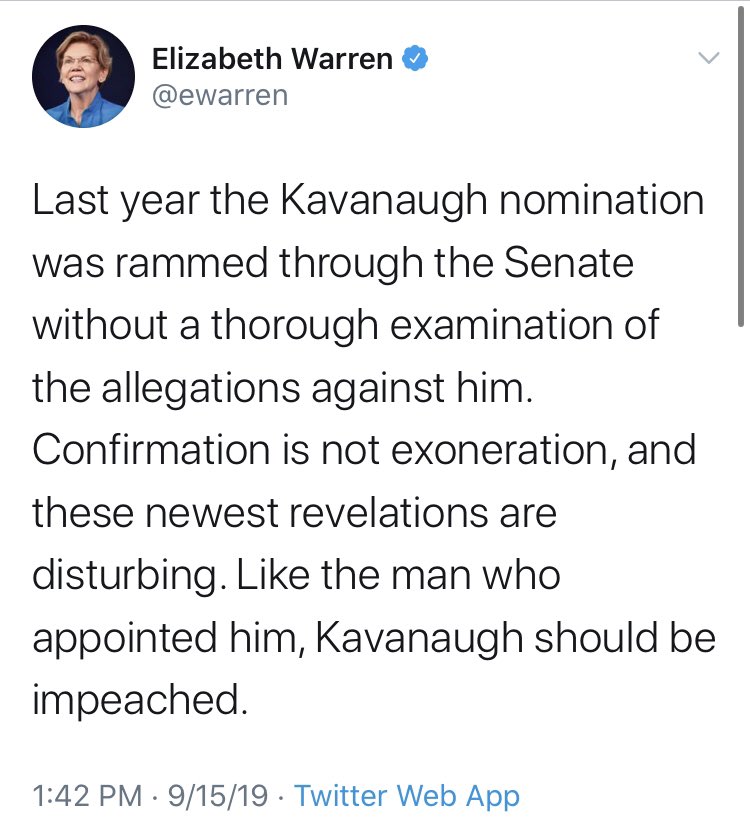 And even if you make it through the entire ordeal, with your reputation forever sullied without evidence, they won’t stop. Some of the most powerful people in the country will continue to heckle you and call for your head. Here’s  @ewarren doing just that.