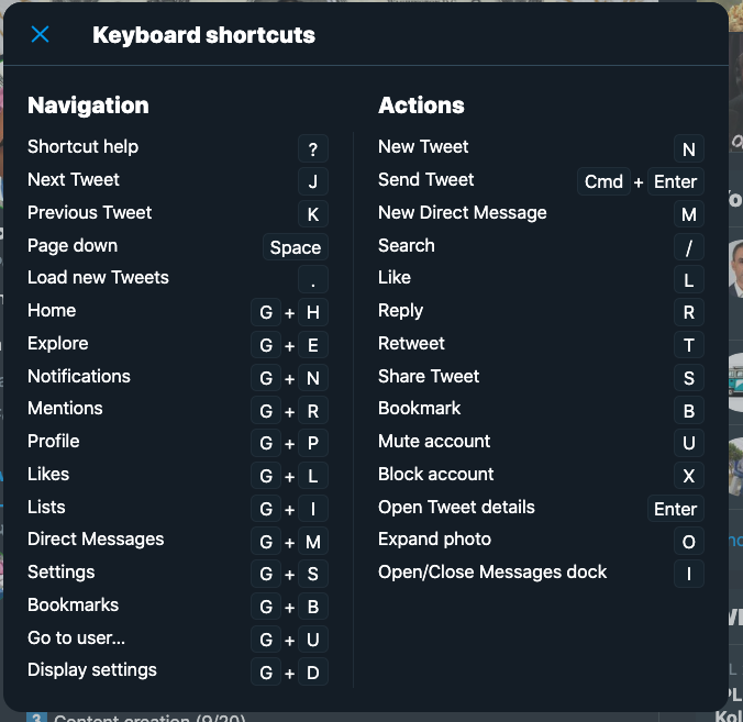 Did you know that Twitter has keyboard shortcuts? Just press "?" to see them.From now on the two post important keys are "R" (reply) and "L" (like).Simple, right? Let's take these shortcuts to the next level.[4/10}