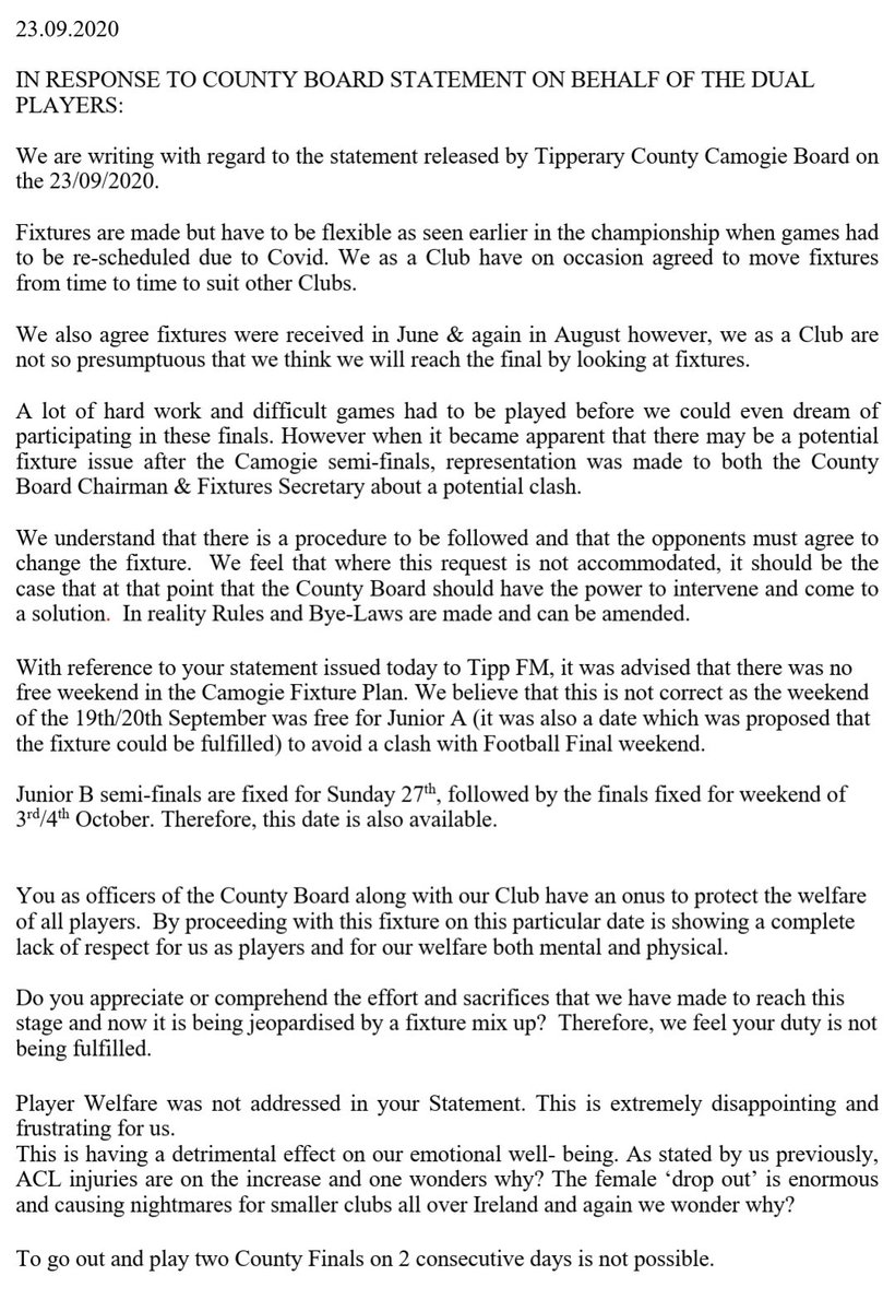 IN RESPONSE TO COUNTY BOARD STATEMENT ON BEHALF OF THE DUAL PLAYERS:  @StephenGleeson_  @TippFMSport  @camogietipp