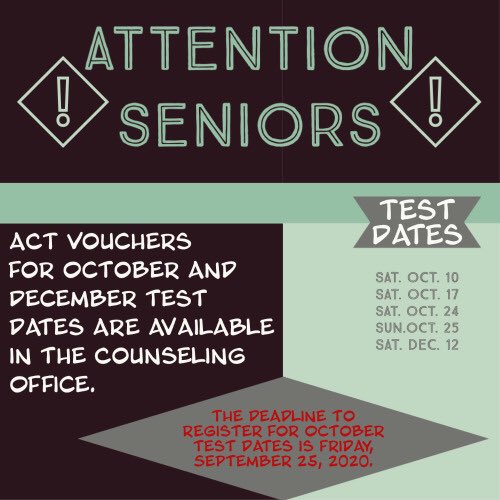 BTCS_THS's tweet image. Seniors: be sure to pick up your vouchers for the ACT. Deadline for October is Friday.