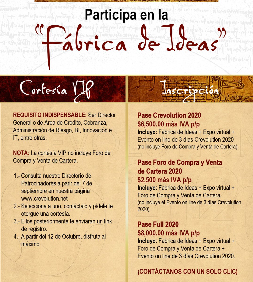 crevolutionmx's tweet photo. Del 12 de octubre y hasta el 20 de noviembre podrás disfrutar de nuestra #FábricadeIdeas además de nuestro evento  online #crevolution2020 así que si tu eres una de las #mentesbrillantes de la industria #financiera  ¡esto es para ti! 📢

Registro en: https://t.co/LX3Ab345tu https://t.co/Ev0vXBJLtO