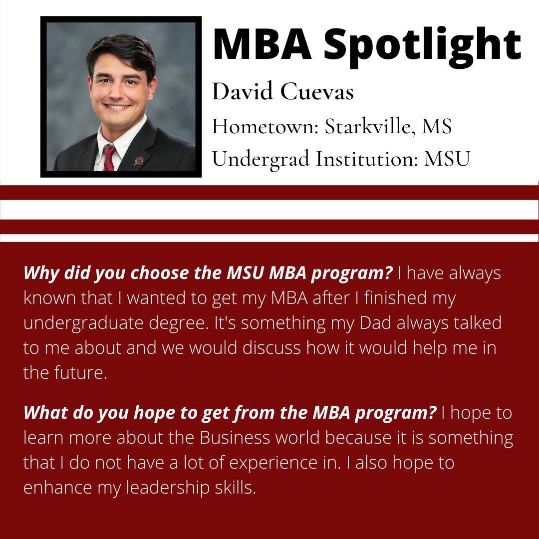 MSStateMBA's tweet image. Meet David Cuevas! David graduated from MSU with a degree in Biomedical Engineering and Biochemistry, and he hopes to go into neurological research. #msstatemba

Learn more about the MSU MBA Programs at buff.ly/2C47pek