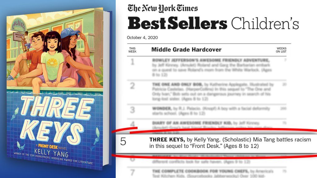 Scholastic's tweet photo. Congratulations @kellyyanghk! THREE KEYS debuts on the NYT bestseller list! 🥳 https://t.co/Wf0M4ojweY