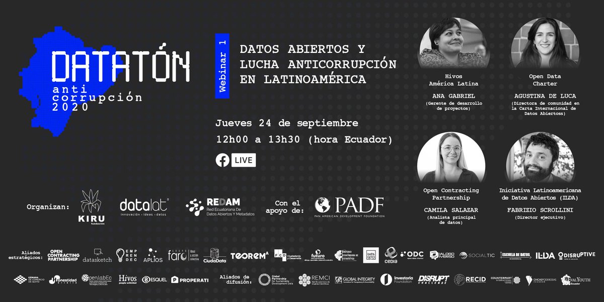 aplios's tweet photo. Te invitamos a conectarte mañana, jueves 24 de septiembre, de 12:00 a 13:30, al primer Webinar del #DatatonAnticorrupcionEc "Datos abiertos y lucha anticorrupción en Latinoamérica", transmitido en vivo en la página de @datalat @fundacionKIRU. https://t.co/lgxkujhIq8