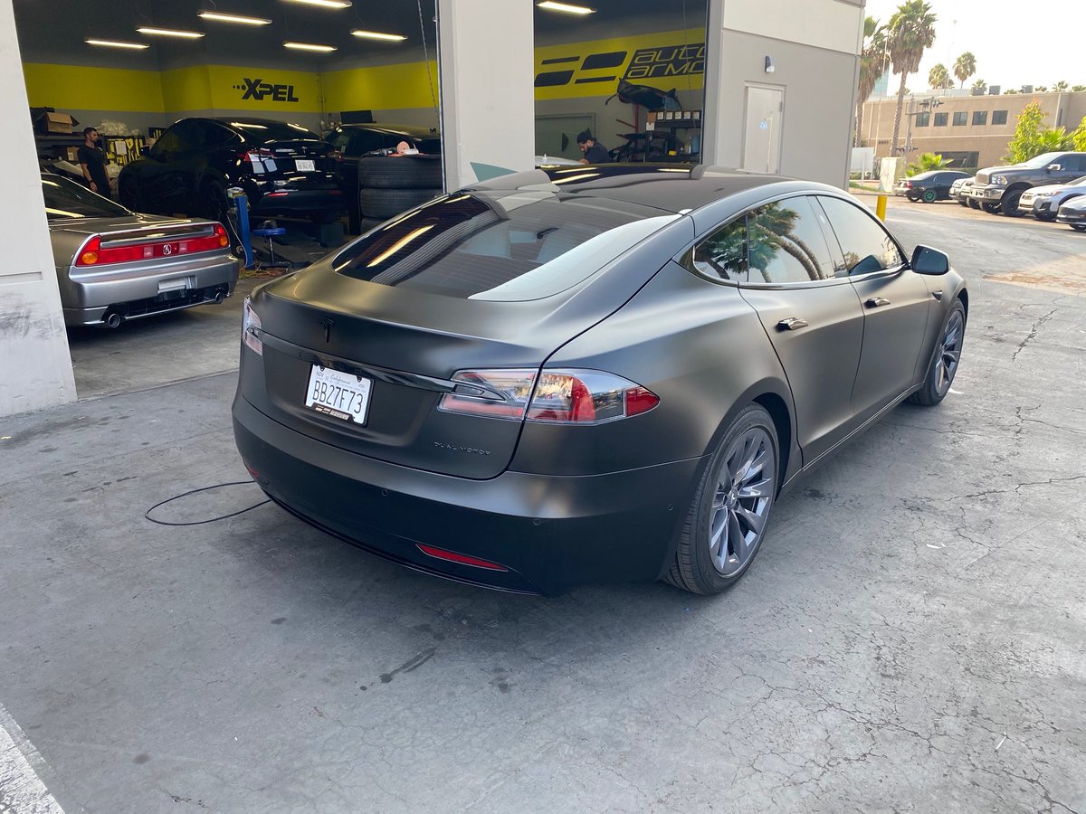 Tesla Model S with Xpel Stealth and Ceramic Tint, ready to go home! This satin film is great because you get full body protection and a completely different look than normal gloss paint.  #XPEL #Tesla #ModelS #TeslaClub