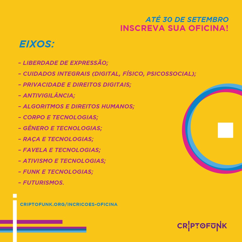criptofunk's tweet photo. Já pensou a sua proposta de oficina? Esse ano elas devem ser no formato virtual e é importante estar ligade nas temáticas. Reúna seu material, se inscreva no formulário no site e só vem #Criptofunk2020! https://t.co/Pg3Bk0LxIS
