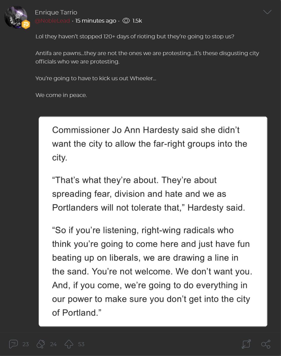 The Proud Boy's leader says they are coming to Portland "in peace" while posting flyers that read "Reject Degeneracy" and "End Domestic Terrorism."Replies to the Proud Boys Delta Park announcement post include posting about weapons to bring and an "antifa hunting permit."