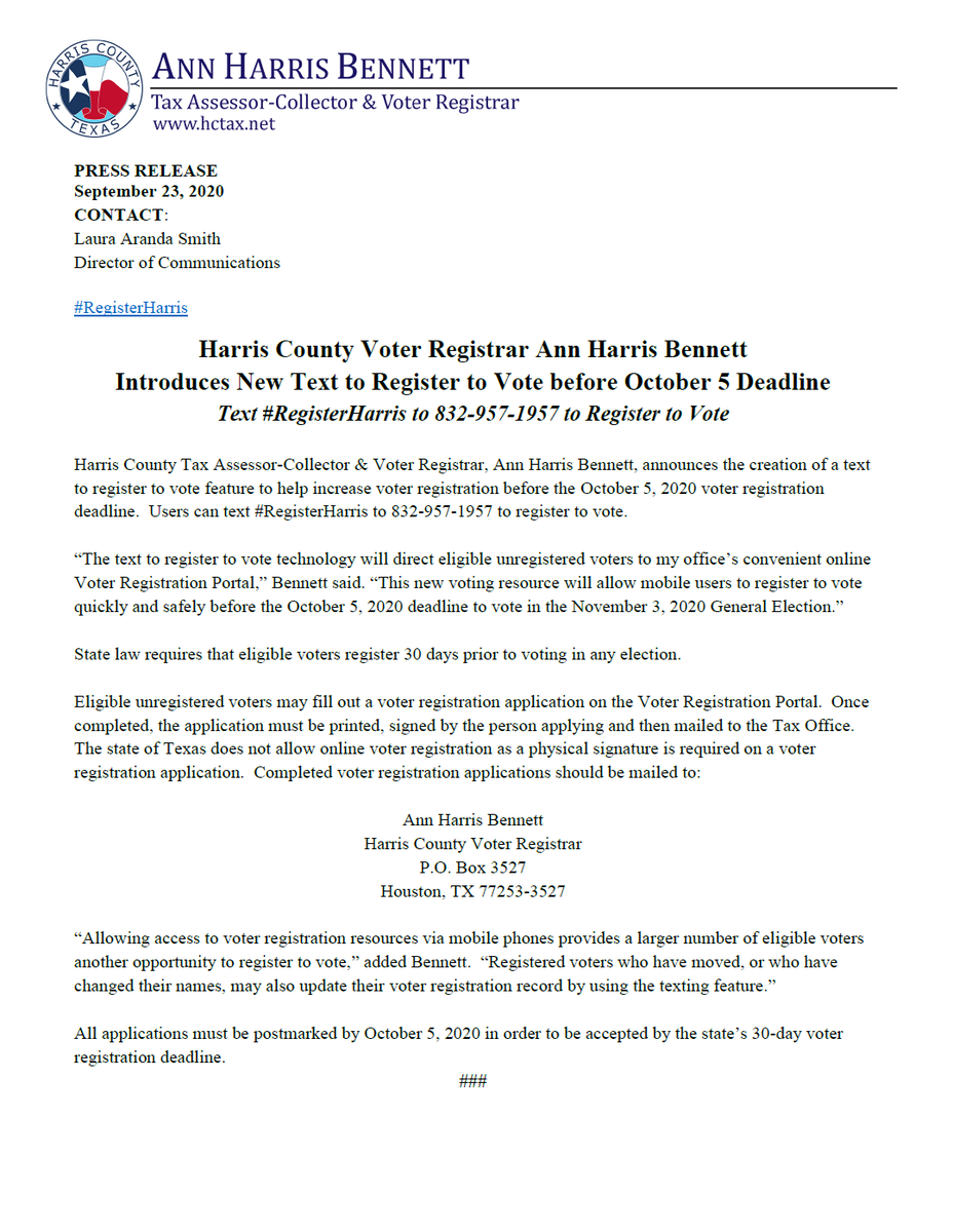 HCTaxOffice's tweet photo. Harris County Voter Registrar Ann Harris Bennett 
Introduces New Text to Register to Vote before October 5 Deadline
Text #RegisterHarris to 832-957-1957 to Register to Vote https://t.co/Tp0fi9TNri