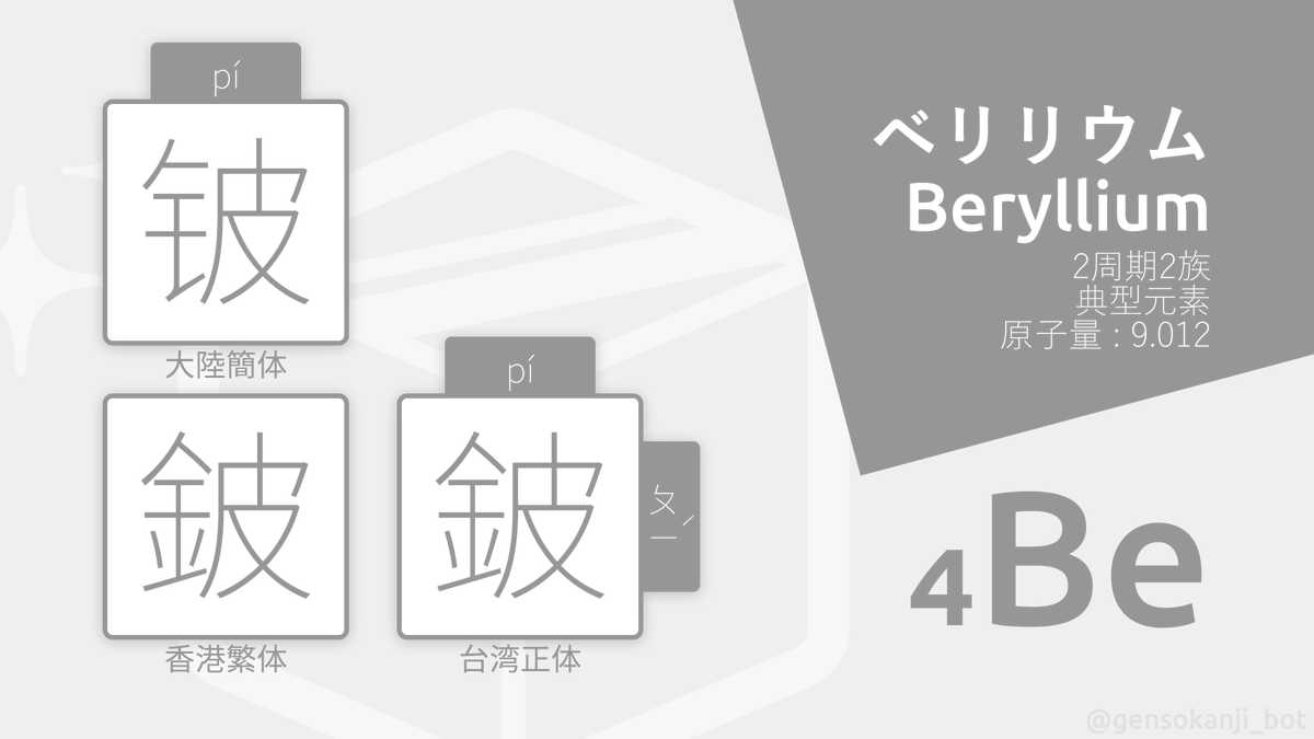 元素の漢字bot على تويتر 4 Be 鈹 ベリリウム 原子番号 は小さいがあまり馴染みのない元素 理由のひとつとして ベリリウムの粉末が肺に入ると深刻な肺疾患を起こすことが挙げられる しかし上手く使えば軽くて丈夫な合金として使え 例えばベリリウム 銅は銅単体に比べ