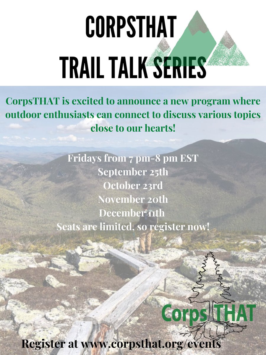 CorpsTHAT's tweet photo. CorpsTHAT presents Trail Talk, and event for Deaf and Hard of Hearing outdoor enthusiasts to connect and talk about different topics that are close to our hearts. The event is once per month on Fridays. Our first Trail Talk is this Friday, September 25th at 7 pm on zoom. https://t.co/zPERWbn0GX