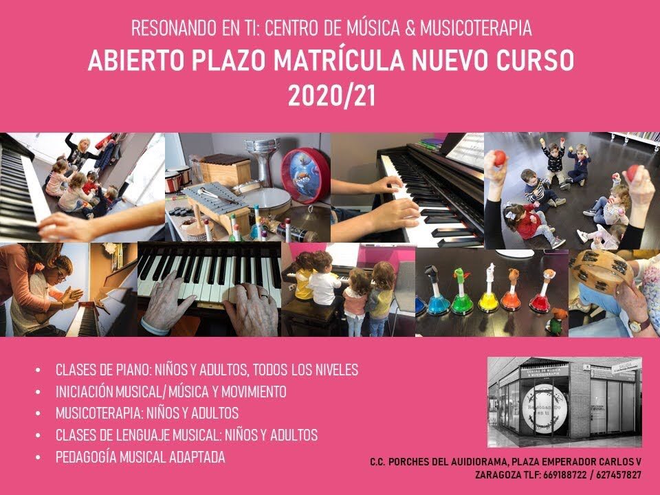 Puede ser el mejor momento para que los niños experimenten con la música en nuestras clases de Iniciación Musical,
para retomar o comenzar a tocar el piano tanto si eres niño o  adulto, para mejorar tu calidad de vida con nuestras sesiones de musicoterapia.
¡Os esperamos!