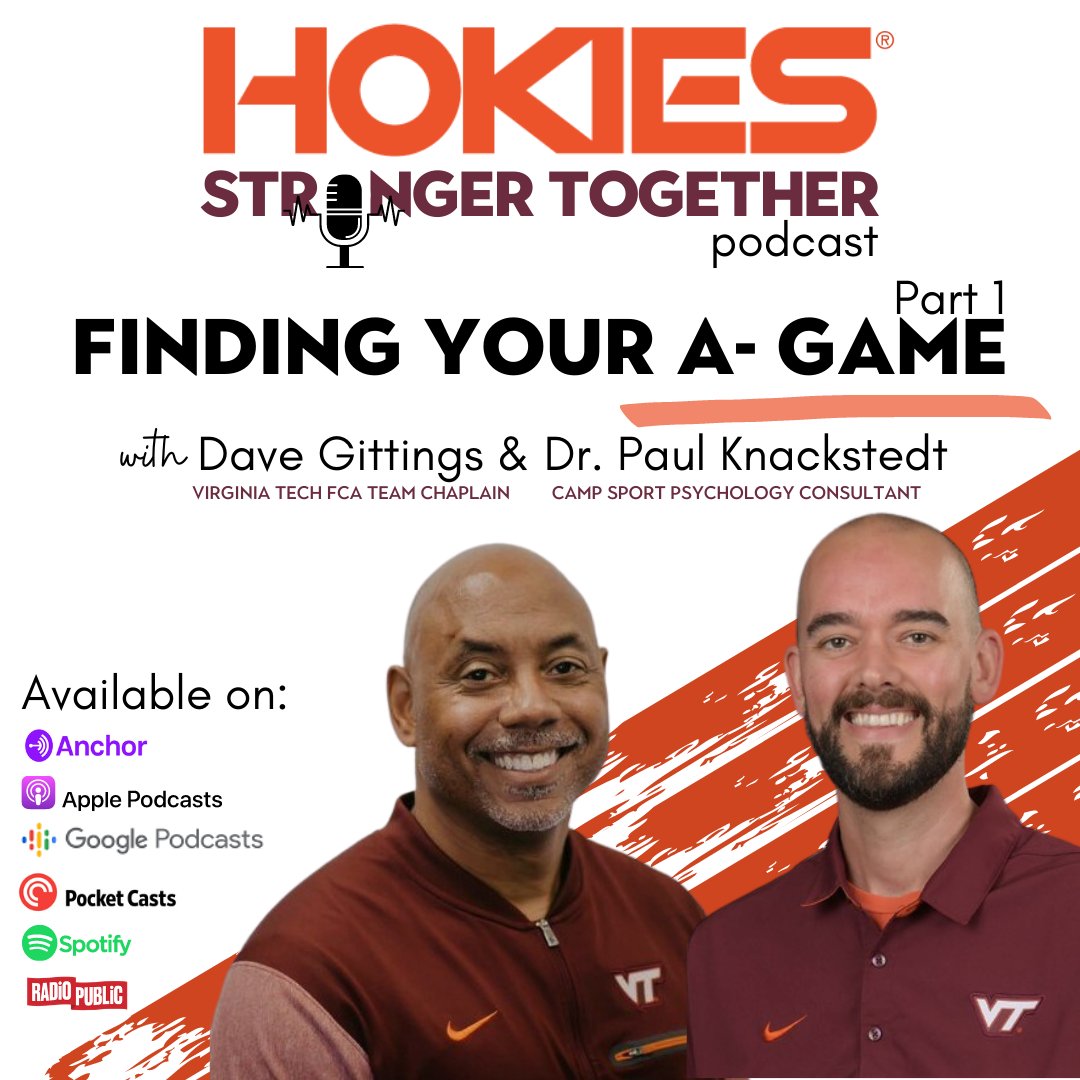 💪Hokies Stronger Together 🎙️ Episode 1️⃣: "Finding Your A-Game" @DaveGittingsJr  <a href="/PKnack35/">Paul Knackstedt, Psy.D., CMPC</a> talk challenges athletes face through COVID-19 &amp; strategies to overcome adversity. <a href="/HokiesFCA/">FCA at Virginia Tech</a> <a href="/VThokiesCAMP/">VT Counseling & Athletic Mental Performance</a> 
🎧 Listen 
Apple: rb.gy/e0nfsw 
Spotify:
…