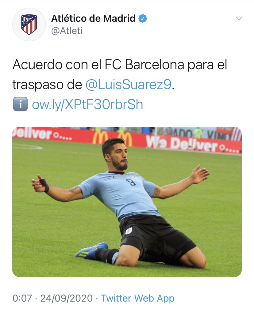  DONE DEAL  - September 24LUIS SUÁREZ (Barcelona to Atlético Madrid )Age: 33Country: Uruguay  Position: StrikerFee: €6 million in variablesContract: Until 2022 (unconfirmed)  #LLL 