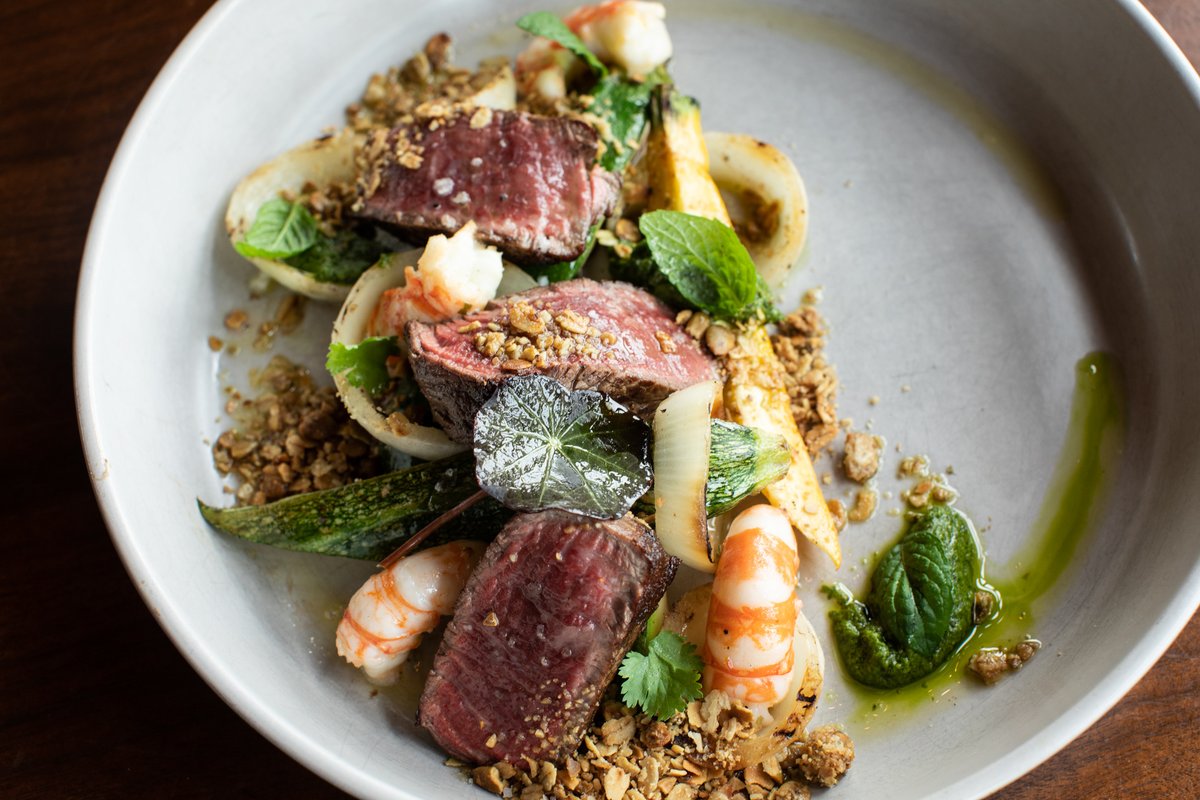 Beef tenderloin, Tofino spot prawns, chermoula, summer squash, grilled onion

#wolfinthefog #tofino #spotprawns