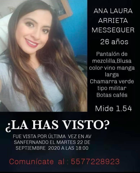 lied_miguel's tweet photo. Apoyemos difundiendo para localizar a Ana Laura Arrieta Messeguer de 26 años, ella fue vista por última vez ayer 22 de septiembre en Av San Fernando, Tlalpan. Si alguien tiene información favor de comunicarse al teléfono del poster. https://t.co/GHvWYHOcaW