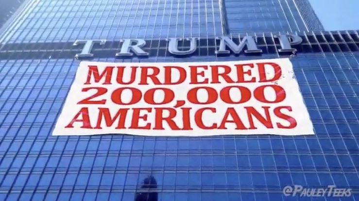 aProgressivePup's tweet photo. @WhiteHouse @realDonaldTrump Trump knew COVID = deadly &amp; contagious via air by Feb 7.

He lied to US.
Then held multiple rallies where he *discouraged* masks &amp; social distancing. 

He *knowingly &amp; willfully* helped SPREAD a deadly virus w/ NO CURE across US.

#200kDEAD
That’s Mass Murder
&amp; Republicans helped https://t.co/M3lIklcerf