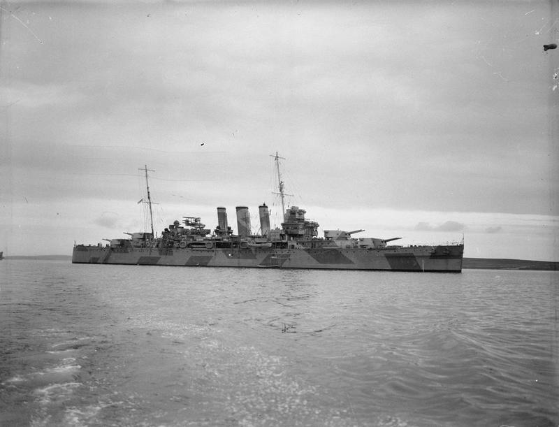 Supported by the cruisers HMS Devonshire, HMS Cumberland, HMAS Australia & HMS Dragon & destroyers