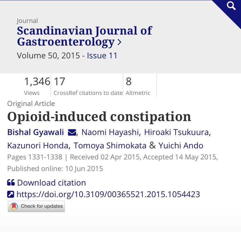 Starting a thread of my clinical papers, similar to my previous threads of global oncology and cancer policy papers. Actually, my first peer reviewed paper was a clinical paper: a review on managing opioid induced constipation. 2015.  https://www.tandfonline.com/doi/full/10.3109/00365521.2015.1054423