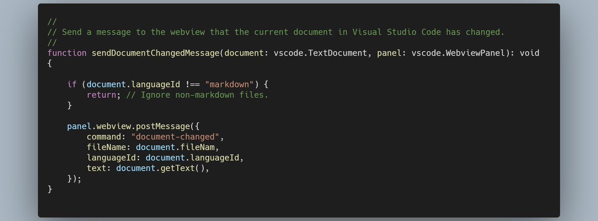 In the previous session, I had my extension detecting when the active document in VS Code has changed and then sending the details to the webview.That was being triggered for every document, so now I need to restrict these notifications to only markdown files: