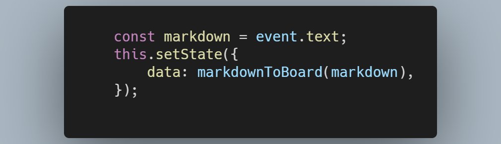 The React code in the webview then handles the "document-changed" notification and calls the function "markdownToBoard" to parse the markdown file content into the Kanban board data: