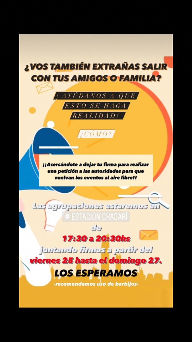 ¡¡¡¡ATENCIÓN!!!!
🚨 LOS ESTAREMOS ESPERANDO EN LA ESTACIÓN DE FERROCARRIL, JUNTANDO FIRMAS PARA EL FIN DE QUE SE PUEDA VOLVER A LA JODA CON UN PROTOCOLO🚨

✨Pueden firmar de cualquier edad✨