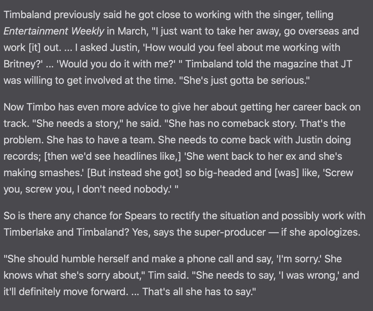 Britney supposedly set up a studio session with Timbaland sometime in 2006 and left him hanging, then turned around and worked with Danja instead. He got his feelings hurt over it and started publicly dissing her. During an interview he said “Gimme More” wasn’t very good.