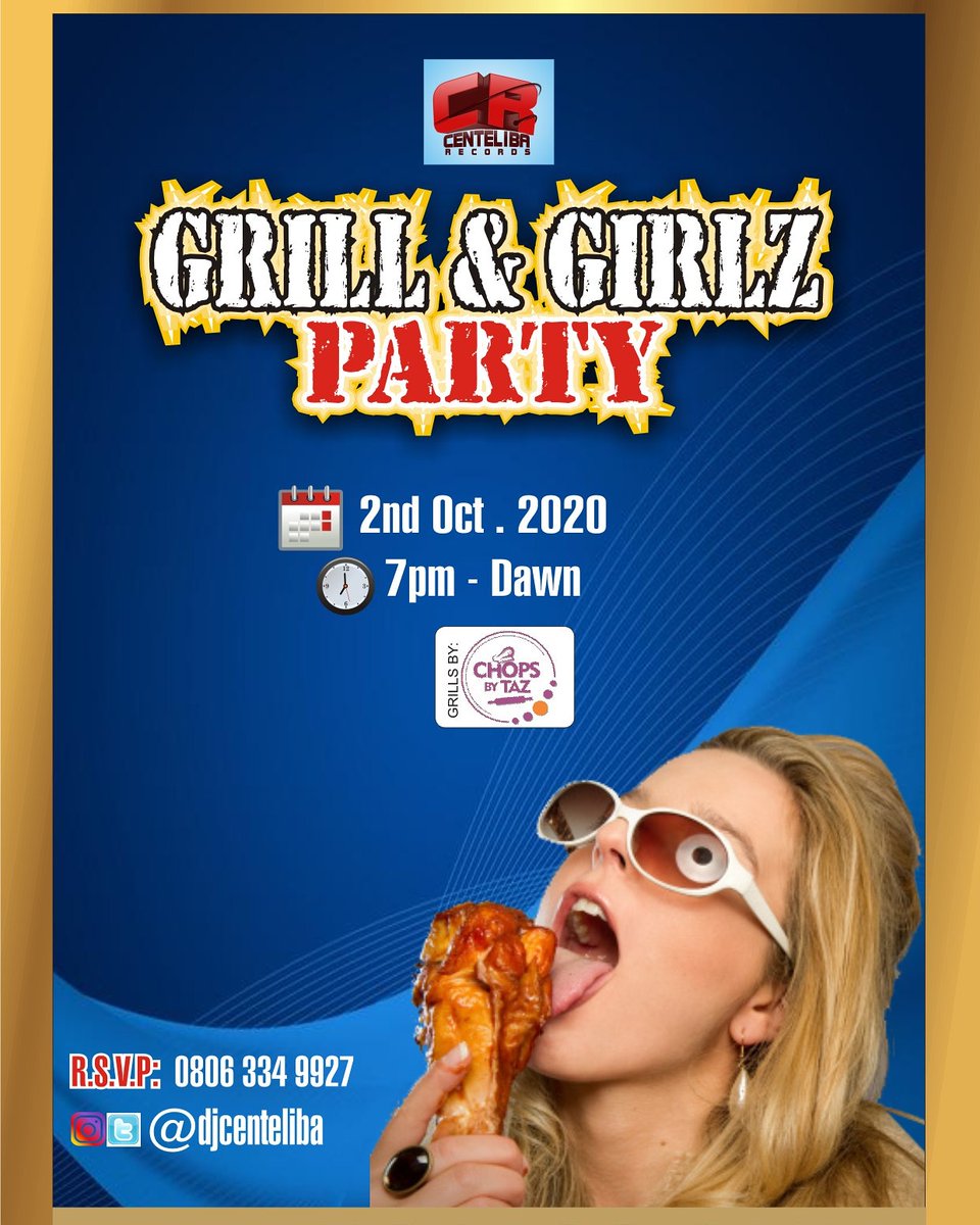 GRILL & GIRLZ PARTY

(Friday) 2nd October 2020

Time: 7pm - Dawn

Location: 🤐 DM FOR LOCATION

ENTRY: STRICTLY BY ACCESS CARDS

For table reservations contact 08063349927 

#GrillandG3irlzParty #party #privateparty #dance #music #naijaparty