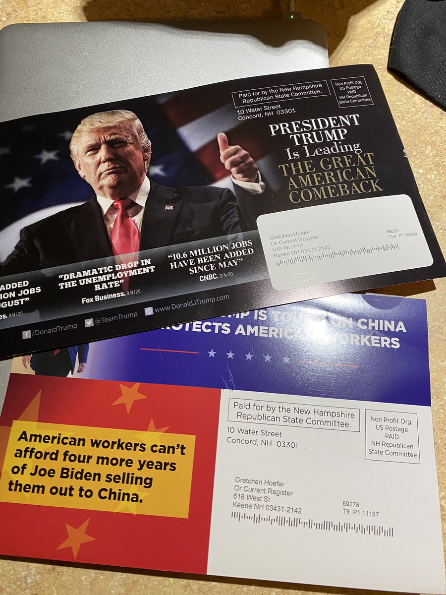 mhoefer's tweet photo. Ha ha ha #nhgop wasting $$$ sending mail to mother of three, NEA member, Masters from Antioch, never voted R in her life, “Suburban Woman”.  #desperation, #carpetbombing, #notsotargeted #nhpolitics #DumpTrump2020 https://t.co/2ocbhZMYnL