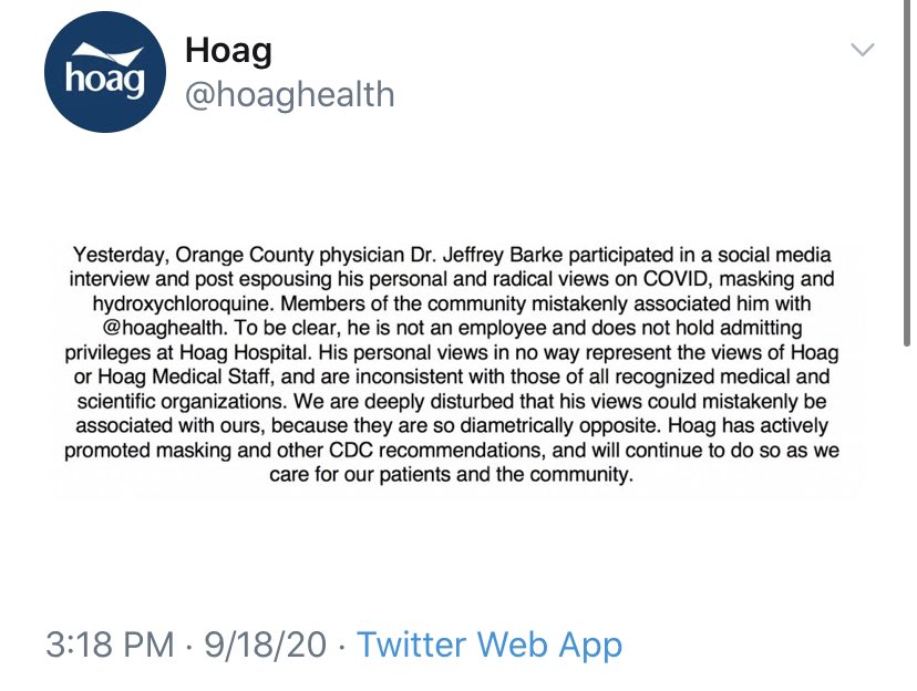 Here is the statement by Hoag Hospital regarding Dr Jeff Barke