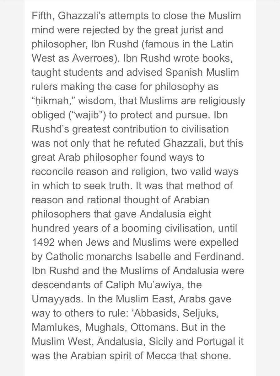 13/mistake 10: that Ghazali made attempts to close Muslim mind is a hackneyed canard from 19th C orientalist fantasies that have been refuted - repeatedly. As Gutas famously showed, the “golden age” of Islam came after Ghazali. END.