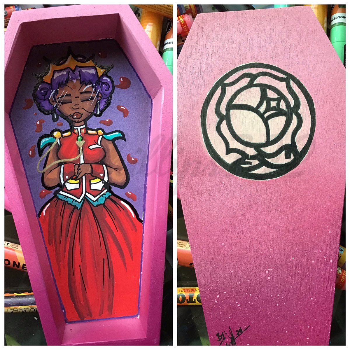 K_phillips9936's tweet photo. Crafty Coffins continues with  Anthy Himemiya from Revolutionary Girl Utena, one of my favorite anime’s. Not Halloween but love the vibe of it. This one, too, will be on sale in my Etsy shop October 1st. Enjoy and let me know what you think. #anthyhimemiya #rosebride #utena https://t.co/P0N0Z61CNr