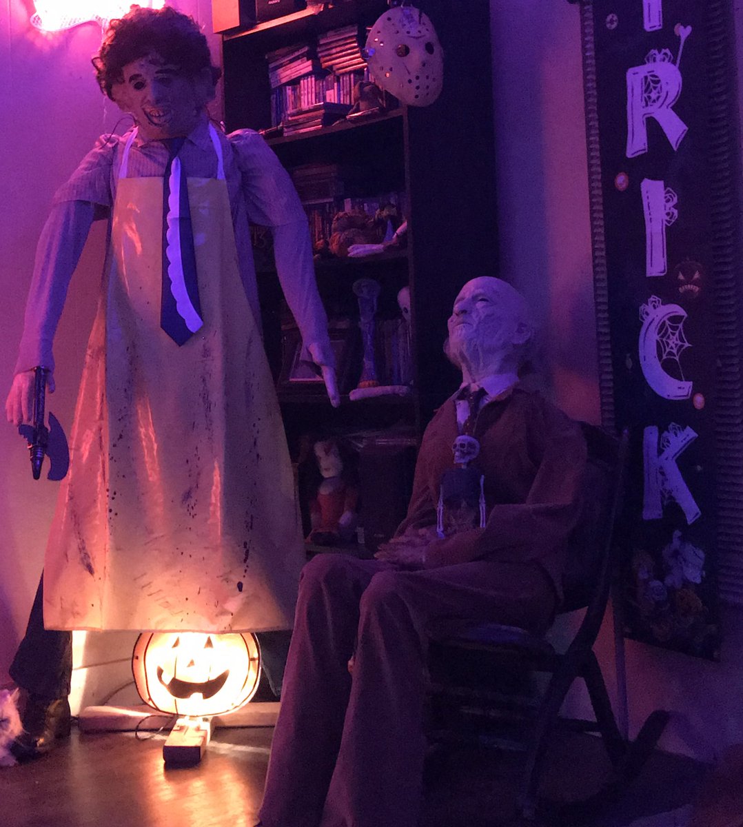 Leatherface and grandpa in another corner of the room. 💜 Masks are from trick or treat studios!