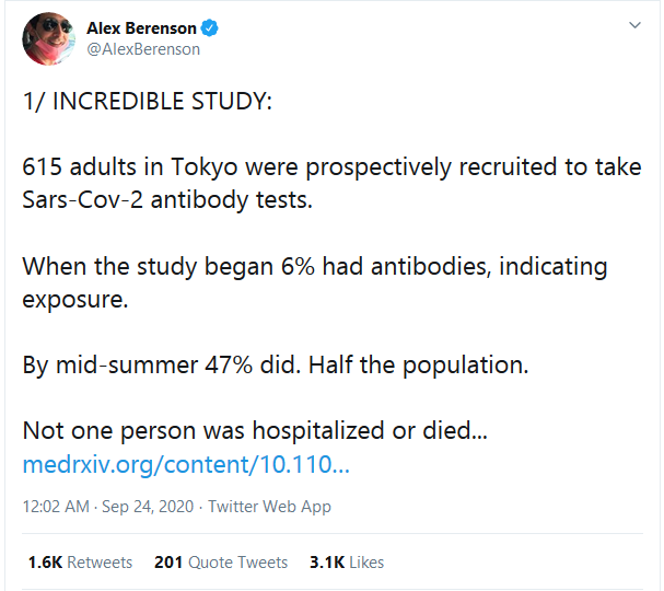 New study from Tokyo measuring antibodies of asymptomatic workers from 1 company is claiming 47% of the pop. of Tokyo (14M) have developed antibodies to SARS-COV-2. Findings from the paper is already spreading in certain circles. Does it make sense? 1/n  https://www.medrxiv.org/content/10.1101/2020.09.21.20198796v1
