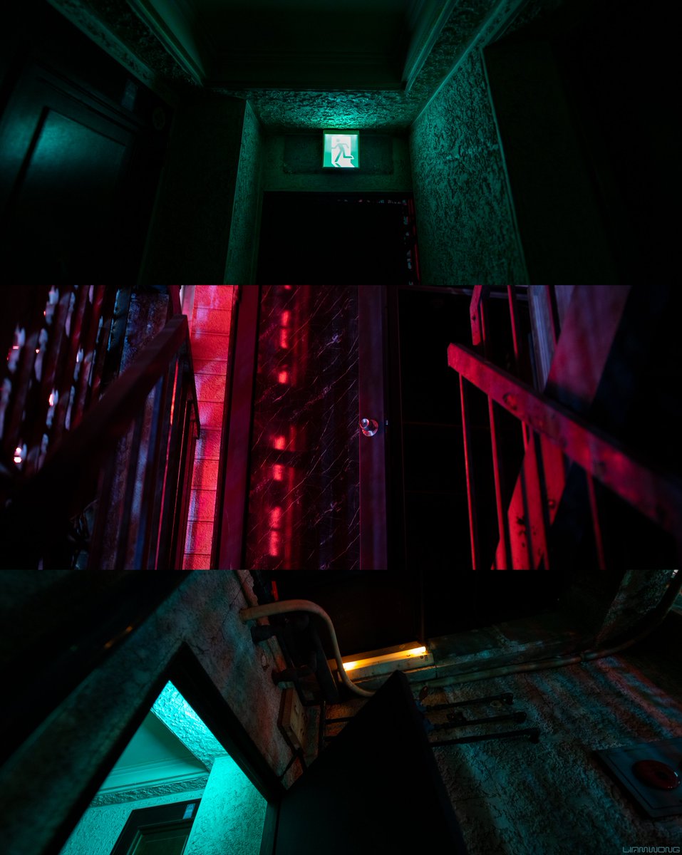 Photography by Liam Wong of Tokyo at night. An abandoned building, a property no longer in use. Three images. The interior has an exit light and lights up the inside green. A doorway is lit up in purple by the neon. A doorway is lit up green.