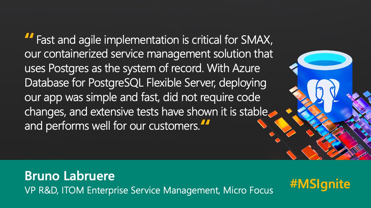 AzureDBPostgres's tweet image. This is what @blabruere of @MicroFocus is saying about our new 🐘 Flexible Server option for #AzureDBPostgres. 🙌 thank you, Bruno! 

Dive deeper on our PostgreSQL announcement at #MSIgnite in @kamathsun&apos;s blog post 💥 techcommunity.microsoft.com/t5/azure-datab…