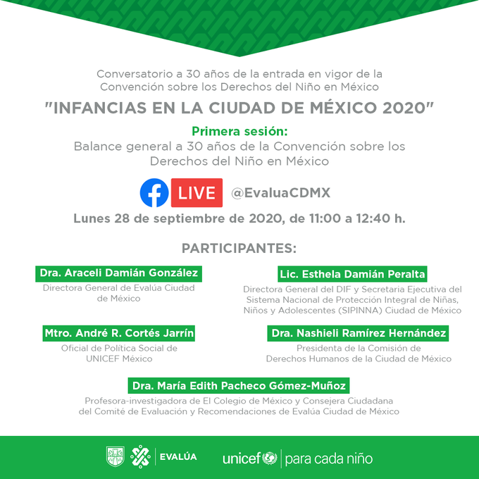 CDHCMX's tweet photo. Te invitamos a unirte al Conversatorio "Infancias en la Ciudad de México 2020", a 30 años de la entrada en vigor de la Convención sobre los Derechos del Niño en México #CDN30.
Lunes 28 de septiembre, a partir de las 11:00 horas por @EvaluaCDMX. https://t.co/djmk1hIaRf