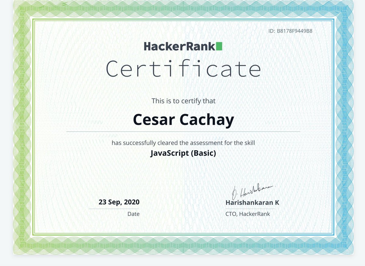 I just earned JavaScript (Basic) skill certificate via <a href="/HackerRank/">HackerRank</a>. Get your skills certified and show the world what you can do! #skilloverpedigree 🎉🎉