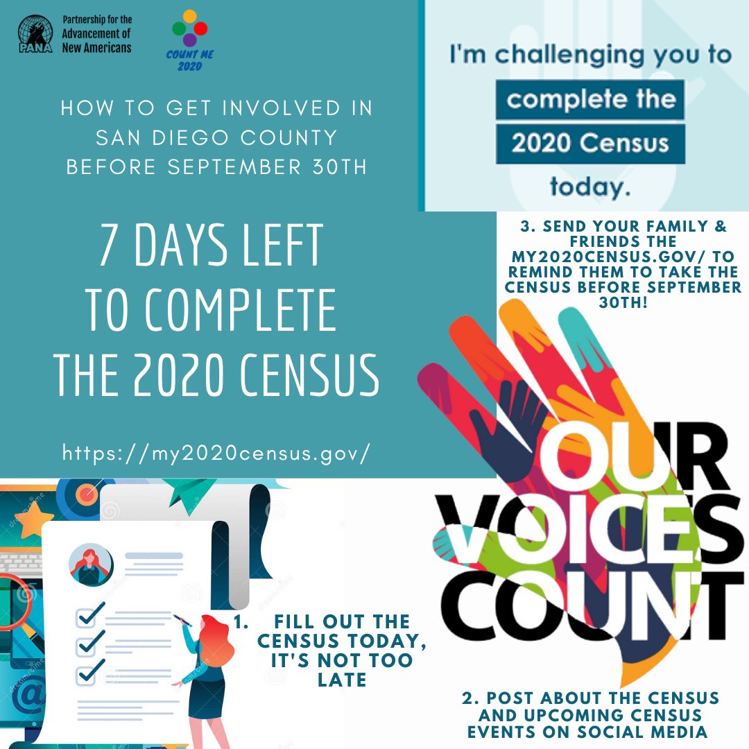 PANASanDiego's tweet photo. 7 Days left to complete the 2020 census! 
How to get involved? 3 simple steps!
1- Fill out the census today!
2- Post/share about the census and upcoming events on social media
3- Send the link to your family and friends to fill out the census before September 30th!

#CountMe2020 https://t.co/XIcKGi1GmS