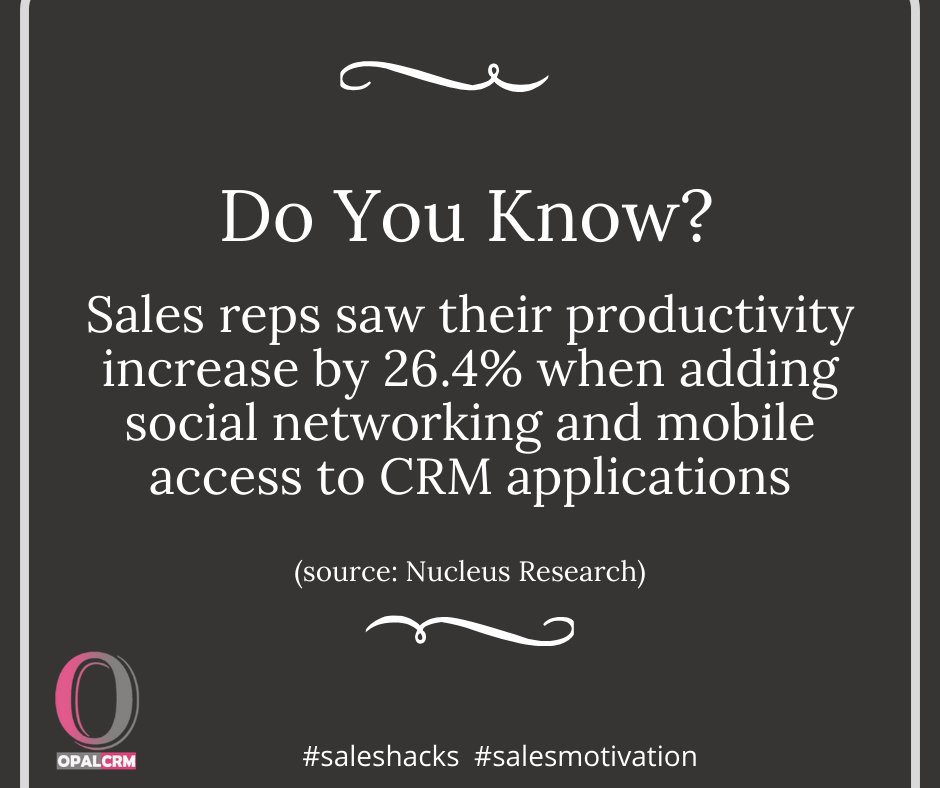 opalcrm's tweet photo. #opal #crm #software
Do You Know?
Sales reps saw their productivity increase by 26.4% when adding social networking and mobile access to CRM applications. For more details visit https://t.co/jQKLWkLBDW
#opalcrm #crmsoftwaremanagement #CustomerRelationshipManagement #CRM #Sales https://t.co/27bpNmPrOT