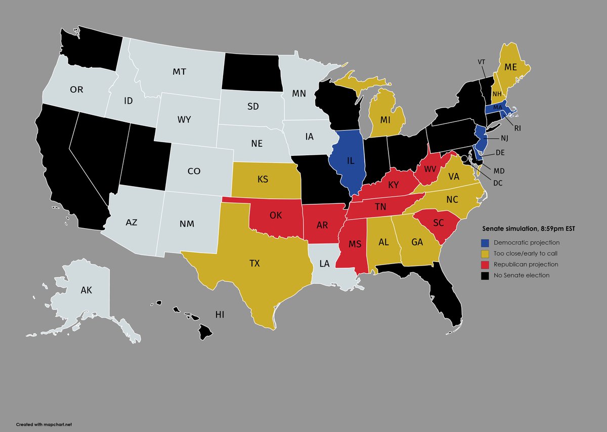 You move forward an hour to 8:59pm EST. The GOP easily holds on in most red areas, while also holding their own on the offense. Despite his controversies over pushing Trump's newest SCOTUS pick, Lindsey Graham managed to lock in his reelection early. The clock ticks on...