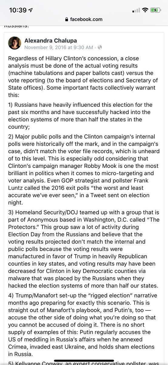 This is the closest thing we have to an account of what happened on Election Day in 2016. It was written by  @AlexandraChalup on 11/9/16. Yes, I consider her credible. That Manafort & others in the Trump regime went out of their way to harass her only makes her more credible. 