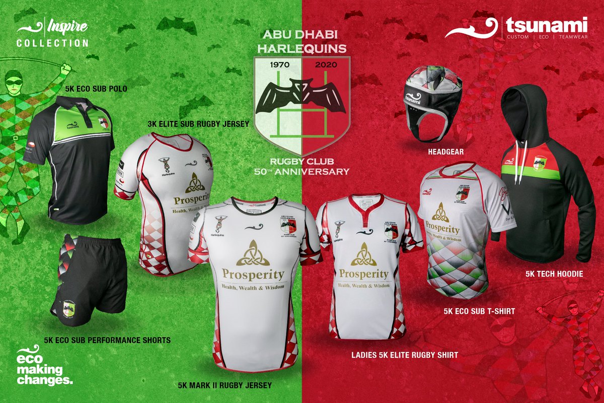 How’s that for range! We're pleased to provide the @abudhabiquins with environmentally friendly kit for their special 50th anniversary season. The red and white colours are a nod to their original colours in 1970.

What’s your favourite product?
#winnerswearthewave #ecofit #rugby