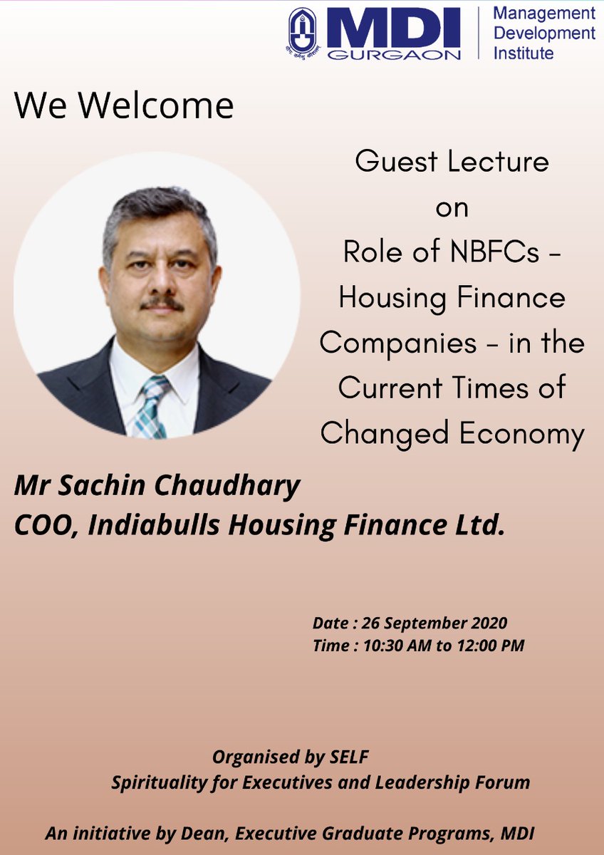 mdinmp's tweet photo. We welcome Mr Sachin Chaudhary , COO, Indiabulls Housing Finance Ltd. We are excited to host the Guest Lecture on "Role of NBFCs - Housing Finance Companies - in the Current Times of Changed Economy" on 26th September at 10:30 AM as part of SELF Talk Series.
#MDIGurgaon #MDINMP https://t.co/0YwDiWQPvi