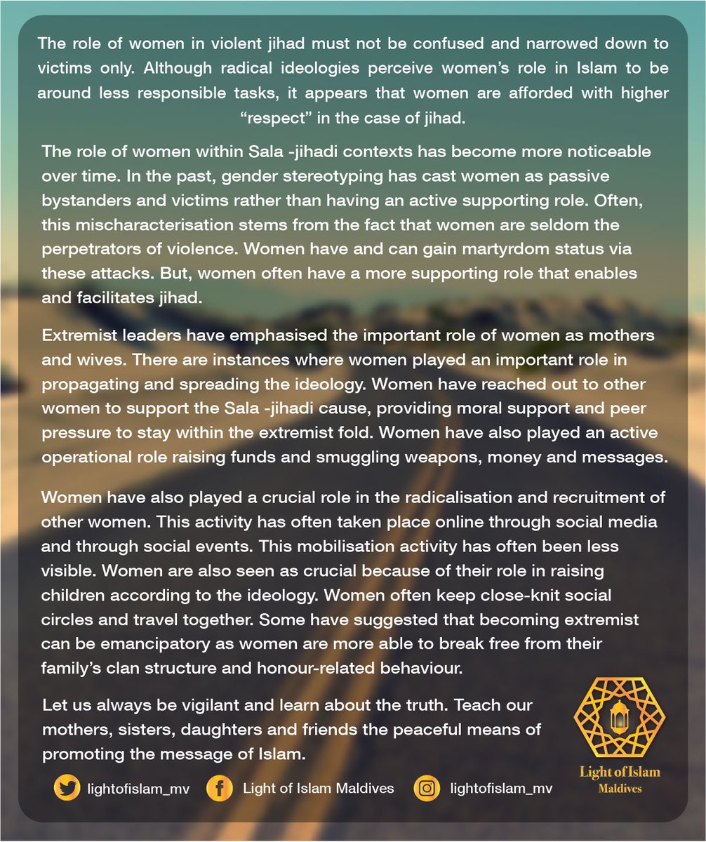 lightofislam_mv's tweet photo. The role of women in violent jihad must not be confused and narrowed down to victims only. Although radical ideologies perceive women’s role in Islam to be around less responsible tasks, it appears that women are afforded with higher “respect” in the case of jihad. 1/n https://t.co/z5Hbmn3Hib